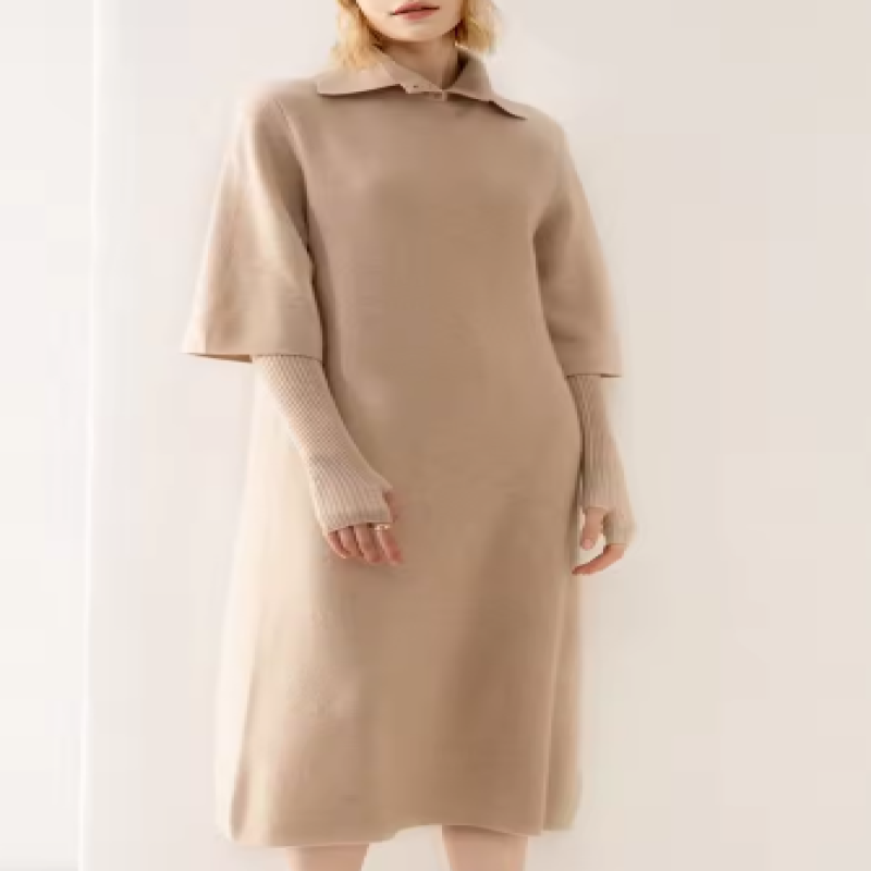 Women's high-end brand cashmere dress, thick five-sleeve lapel long dress for autumn and winter, polo collar mid-sleeve dress